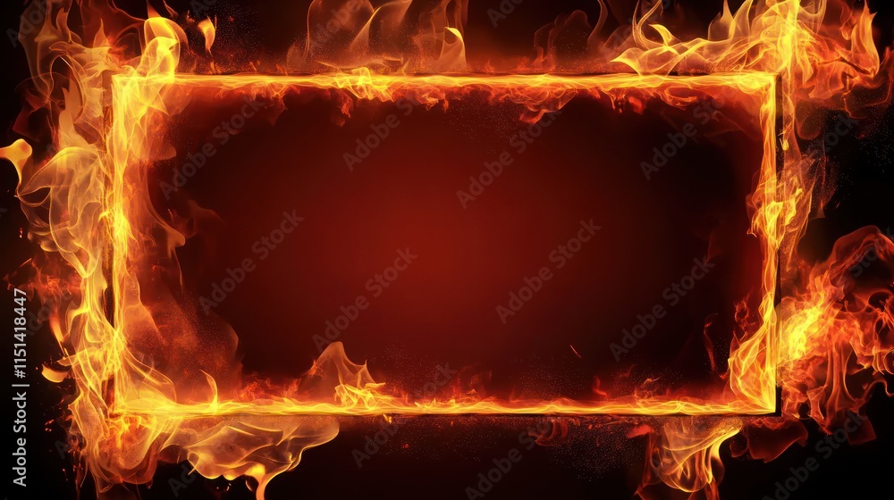 Poster fiery rectangular frame on dark background.