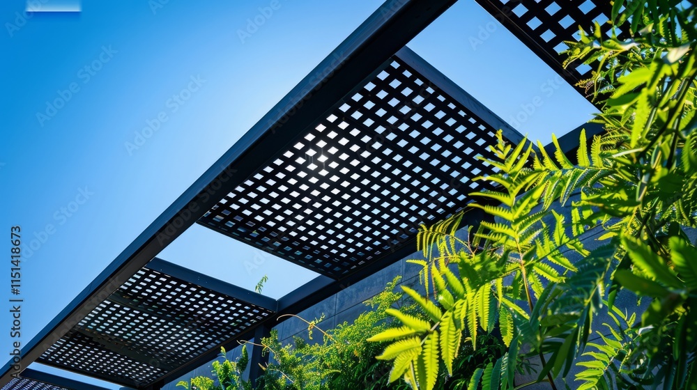 Poster a modern architectural structure with a perforated canopy and lush greenery beneath.