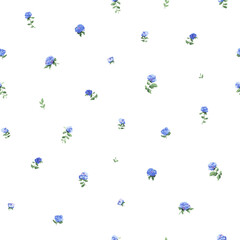 Minimalist seamless pattern with abstract blue flowers and green leaves, isolated watercolor illustration in classic provence style for textile, wallpapers or delicate background.
