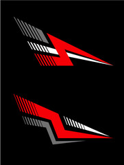 Set of unique car and motor stripes. Car race stripes. Car stripes. Arrow and thunder style. Racing sticker design. Graphic sport decal vinyl element. Automobile decoration. Racing design vector