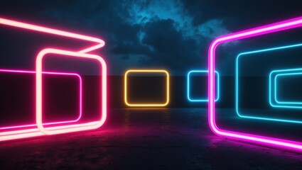 Neon light shapes create a futuristic ambiance in a dark space, highlighting glowing pink, blue, and yellow outlines against a moody, cloudy backdrop.