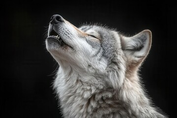 majestic grey wolf howling against a stark black background, capturing the raw beauty and strength of nature through stunning photorealistic details and intense expression