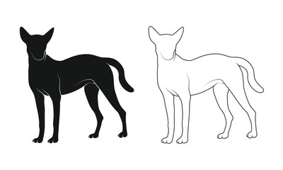 Standing dog silhouette and line art dog vector illustration on a white background