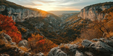 Obraz premium Beautiful landscape of autumn colors showcasing a scenic canyon during a hike on the Vradeto Steps, highlighting the captivating beauty of the landscape in this picturesque setting.