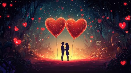 Obraz premium Valentine's Day background, a cartoon illustration of two lovers in love with heart-shaped balloons on Valentine's Day.