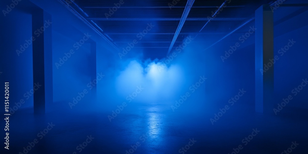 Poster a vertical image captures an empty room illuminated by blue lighting and filled with smoke, creating