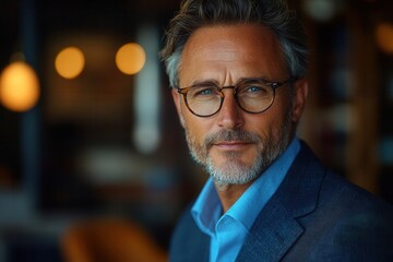 Obraz premium mature middle-aged businessman in a corporate office setting, exuding confidence and professionalism in a portrait, showcasing leadership and determination in his demeanor