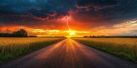 Asphalt road stretches through a field of wheat and alfalfa, illuminated by a stunning sunset and distant lightning, capturing the essence of nature before a thunderstorm in a vibrant scene.