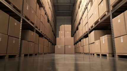 Package boxes stacked meticulously in a storage warehouse. The interior features pallet racks lined with package boxes, showcasing the organized display of cardboard boxes and protective edges.
