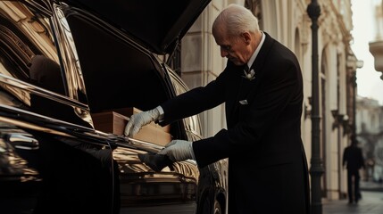 A somber moment: An elderly man in formal attire carefully places a wooden casket into the back of a black limousine, possibly signifying a funeral procession.