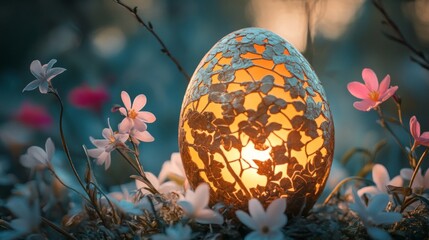 Illuminated Carved Egg Amidst Delicate Spring Blossoms