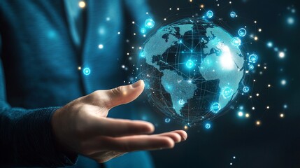 Global business digital marketing strategy: businessman interacting with technology icons on a connected network for iot and business growth