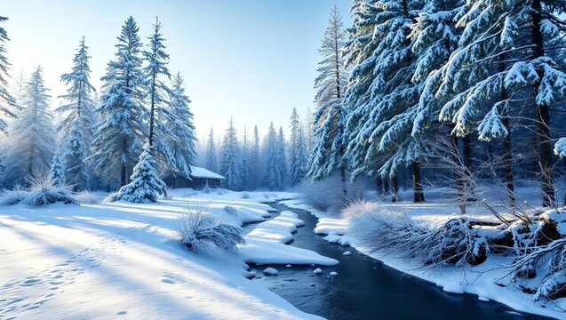 Hyper realistic photograph for news media of a serene winter landscape, a snow-covered forest with towering pine trees blanketed in fresh white snow, soft morning light casting long shadows