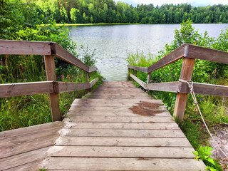 Obraz premium Serene wooden steps leading to a tranquil lake surrounded by lush greenery on a sunny day in a peaceful natural setting
