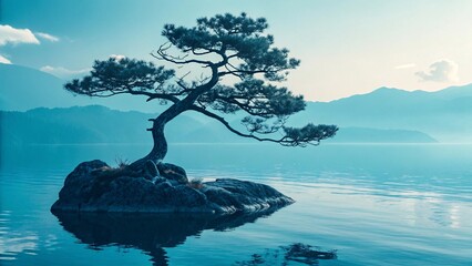 Serene Zen Landscape with Bonsai Tree, Moon, and Tranquil Ocean V3