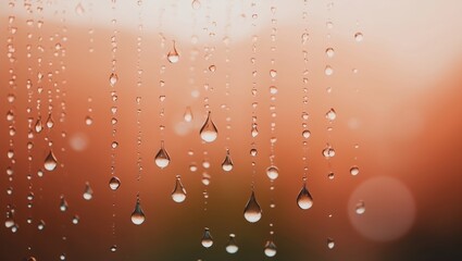 A close-up view of rain droplets suspended on a glass surface, illuminated by warm orange hues, creating a serene and tranquil atmosphere.