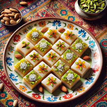 Top view of a plate of burfi, traditional indian milk-based sweets decorated with nuts and spices