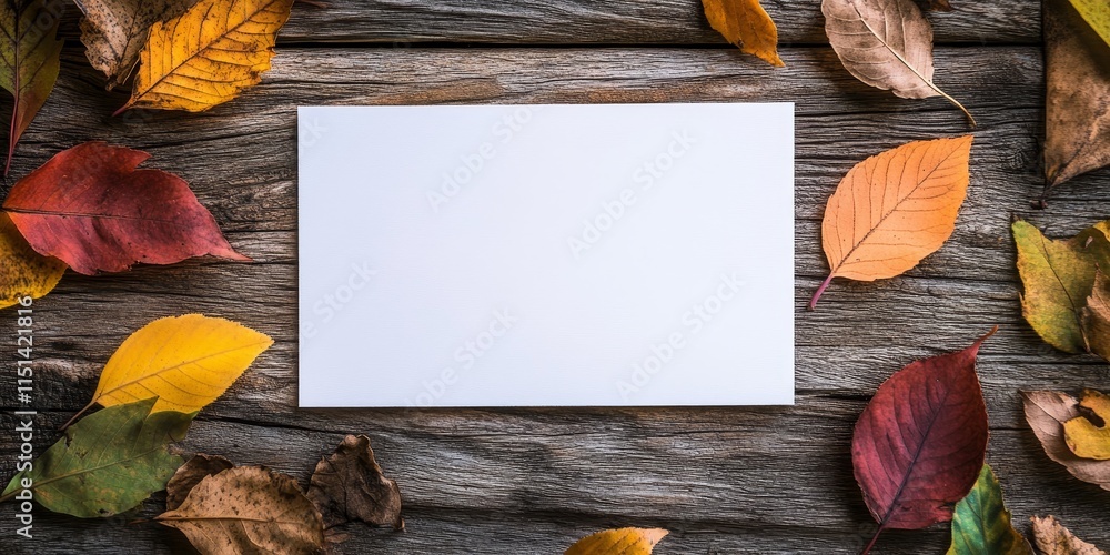 Poster blank white screen positioned on a wooden table, surrounded by leaves, allowing ample space for text