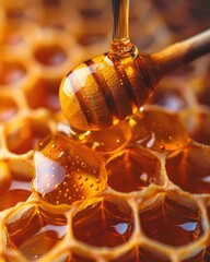 Honey drips from wooden dipper into honeycomb, close-up.
