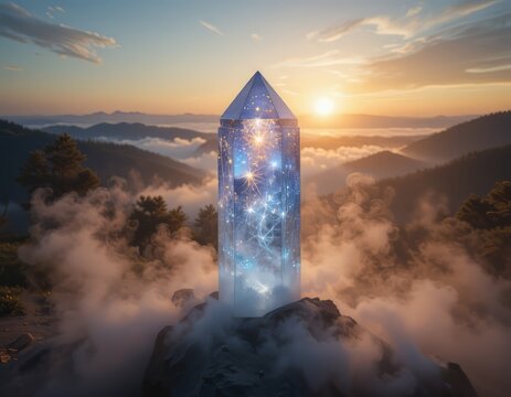 Un cristal de cuarzo m&iacute;stico irradia un brillo de otro mundo en medio de una tenue niebla, con un tel&oacute;n de fondo sereno de colinas onduladas y monta&ntilde;as brumosas