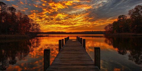 Fototapeta premium Stunning autumn sunset at a serene waterfront pier, showcasing the beauty of autumn sunset hues reflected on the water, creating a picturesque scene filled with autumn sunset charm.