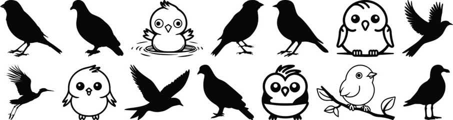 Bird silhouettes set, animal pack of vector silhouette design, isolated background