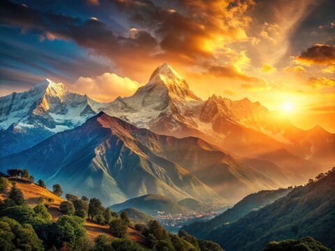 Vintage Sunrise Lamjung Nepal Mountains - Himalayan Landscape Photography