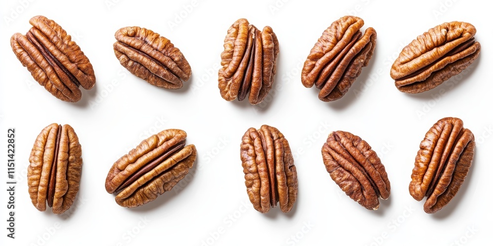 Poster pecan nuts are featured isolated on a white background, showcasing both shelled and unshelled pecan 