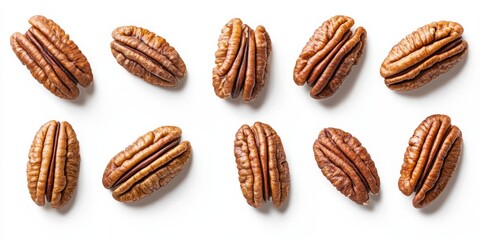 Pecan nuts are featured isolated on a white background, showcasing both shelled and unshelled pecan varieties. This image highlights the versatile pecan nut with a precise clipping path.