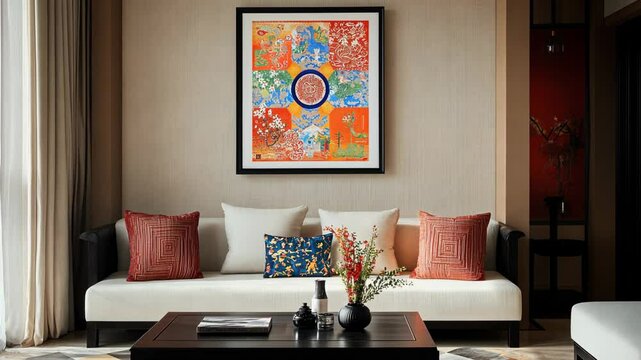 8h A living room with beige walls, a white sofa, and a pic