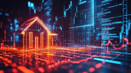 Digital house model in futuristic cityscape.