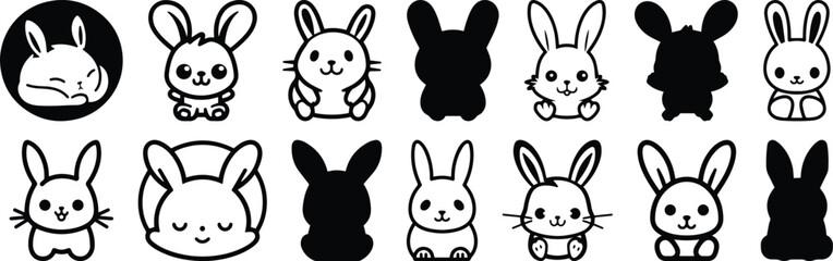 Rabbit silhouettes set, animal pack of vector silhouette design, isolated background