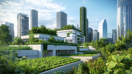 Modern green city building with rooftop gardens and lush vegetation against a backdrop of skyscrapers.