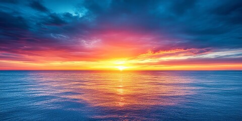 Fototapeta premium Breathtaking sunset over the ocean, illuminating the vast open sky with vibrant colors, creating a stunning visual display that captures the serene beauty of the ocean at dusk.
