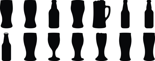 Beer silhouettes set, alcohol pack of vector silhouette design, isolated background