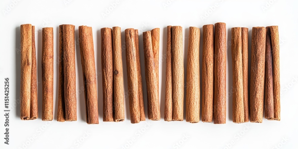 Poster cinnamon sticks arranged in an isolated manner on a white background, highlighting the rich texture 