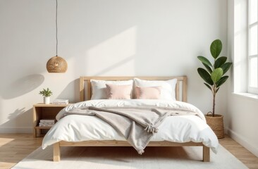 Cozy and elegant interior design: Scandinavian style bedroom with clean white bed, light wooden furniture, pastel toned cushions and rattan pendant lamp.