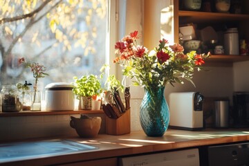 Sunlight streams into a cozy kitchen, showcasing a vibrant bouquet of flowers in a teal vase on the windowsill.  