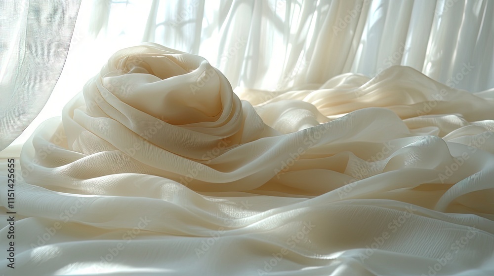 Poster sunlight filters through sheer ivory fabric draped in soft folds creating a serene and elegant backd