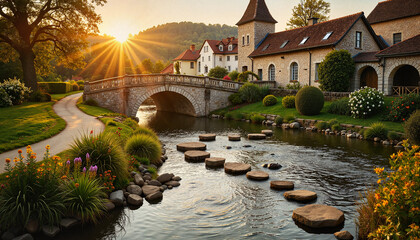 River crossing with stepping stones Idyllic European village at sunrise with stone bridge and river.
