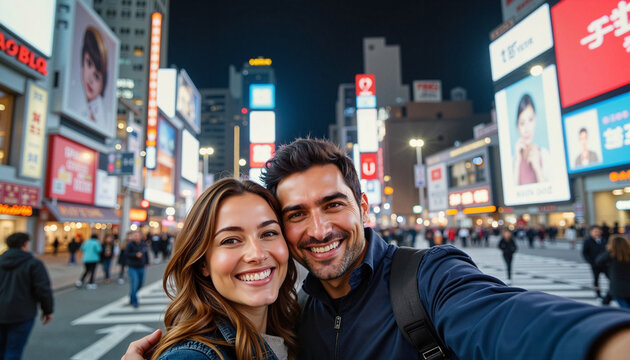 Couple taking a selfie at a landmark Happy couple taking a selfie in vibrant city nightlife. - Powered by Adobe