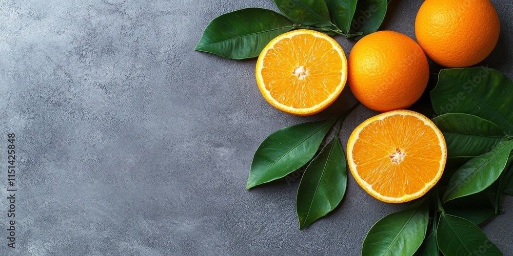 Poster ripe oranges arranged with leaves on a grey table create a colorful scene, providing ample space for