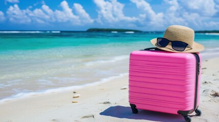 Pink suitcase on a tropical beach with a straw hat and sunglasses.