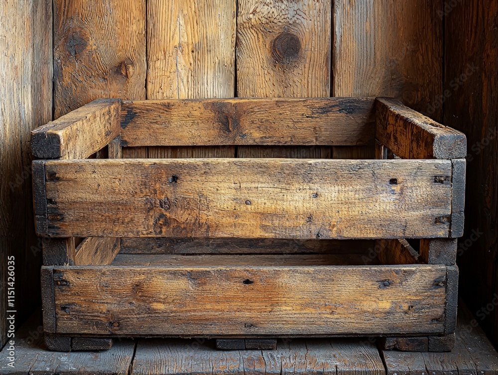 Poster a rustic wooden crate sits empty against a matching wood backdrop. its aged planks and simple constr