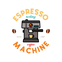 Espresso coffee machine emblem. Original vector illustration in vintage style. T-shirt design.