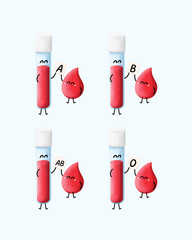 Set of hand drawn cute blood type and blood tube characters