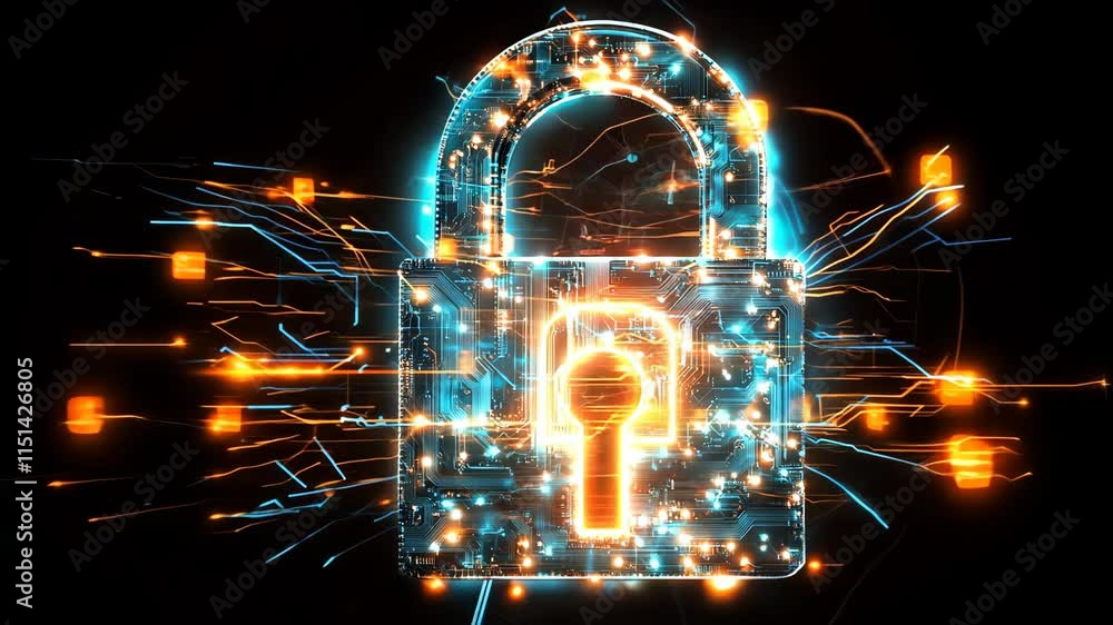Poster electronic padlock with glowing circuits represents cybersecurity and data protection in virtual env