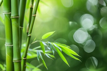 Close up of vibrant green bamboo stalks and leaves, creating a peaceful and natural backdrop
