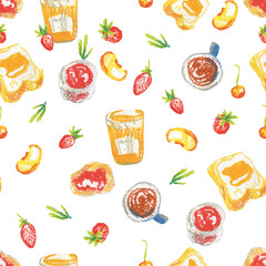 Breakfast wax crayons seamless pattern on white insulated background. Textural and food repeating pattern. Design for textiles, wrapping paper and wallpaper.