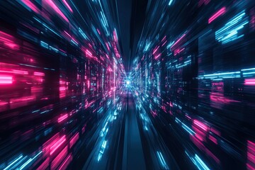 Futuristic data flow. Science fiction movie wallpaper. Neon glowing rays in motion